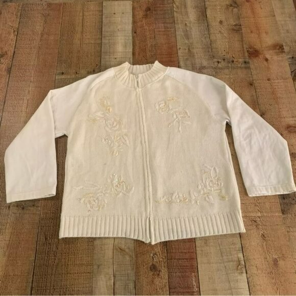 Habana cream zip up grandma core cardigan sweater with sequins medium petite - Picture 1 of 8